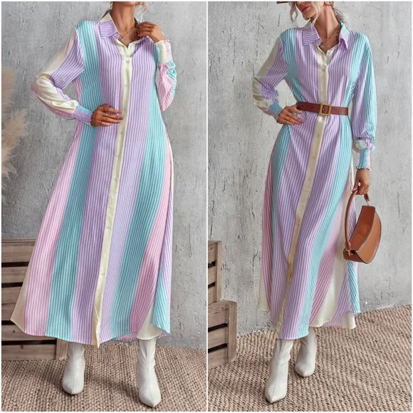 Bohemian Purple Multicolor Stripes Button up Dress - Picture 2 of 3